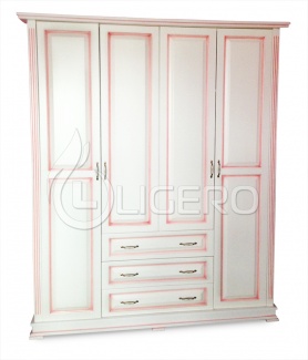 Шкаф четырехстворчатый со встроеннным комодом (розовая патина) из серии "Кардинал" из массива сосны